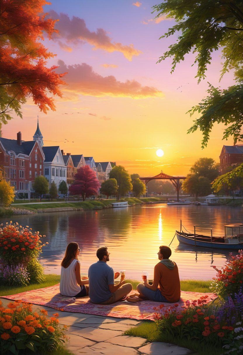 A picturesque sunset view over the Batavia skyline, featuring a couple enjoying a romantic picnic by the water, surrounded by vibrant flowers and playful children in the background engaging in fun-filled activities. The scene captures both romance and joy, with soft lighting and an inviting atmosphere. vibrant colors. super-realistic.