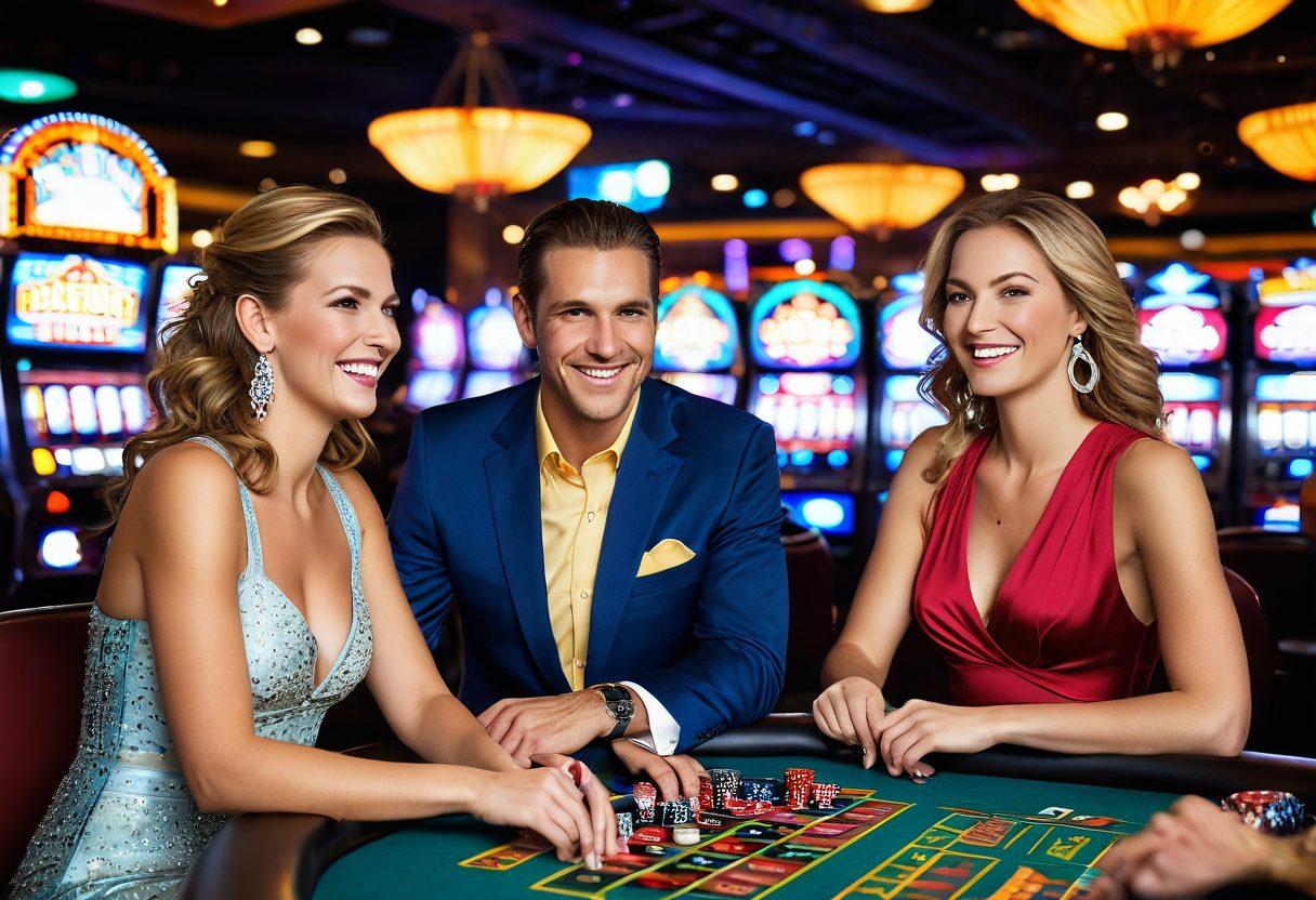 A vibrant scene depicting a lively casino atmosphere at Batavia Downs, with people enjoying gaming tables, colorful slot machines, and live entertainment. In the foreground, a couple sharing laughs while playing a game, surrounded by neon lights and festive décor. The background showcases a glimpse of the racetrack and cheering spectators. Emphasize warmth, joy, and excitement in the environment. colorful and energetic. super-realistic.