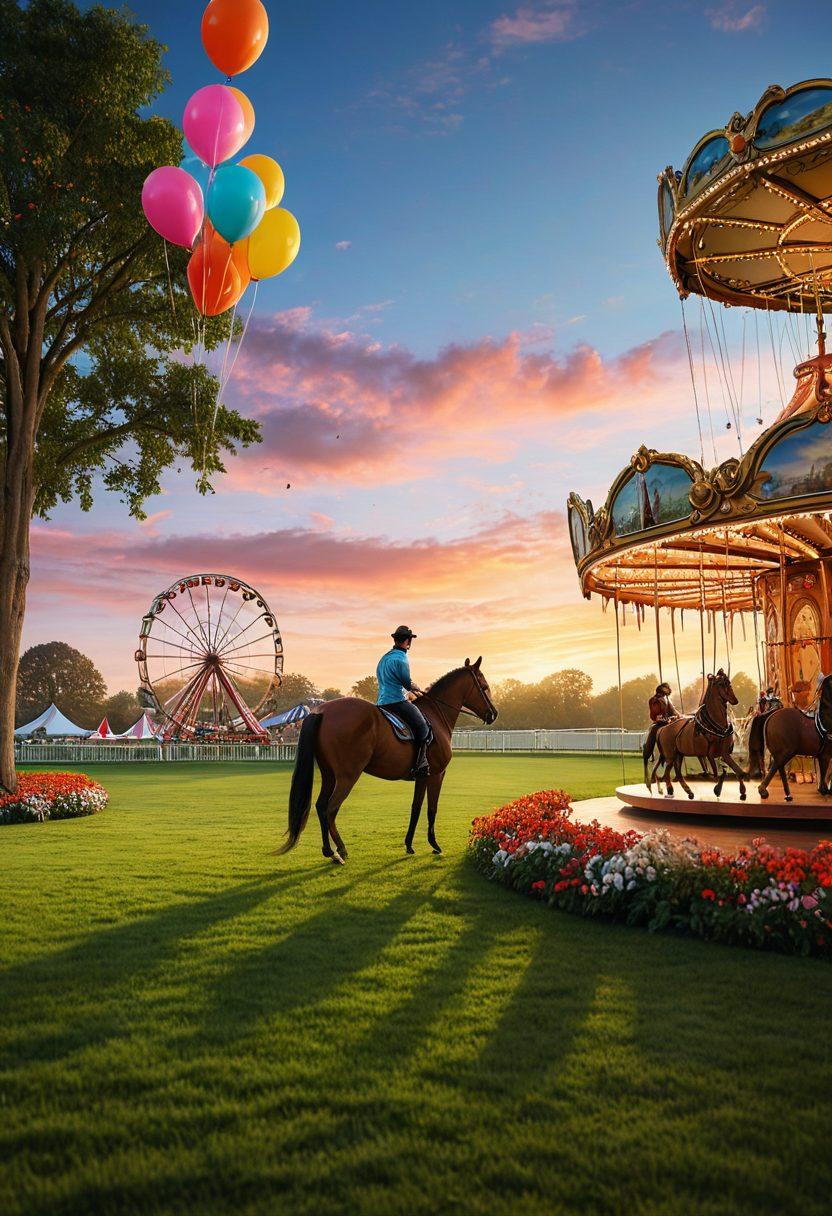 A picturesque sunset over Batavia Downs, featuring couples enjoying a romantic picnic on lush green grass, families playing games nearby, and a vibrant carousel in the background. Incorporate elements of love, leisure, and excitement, with whimsical decorations like fairy lights and heart-shaped balloons. The scene should also showcase lively activities such as horse racing in the distance. super-realistic. vibrant colors. 3D.